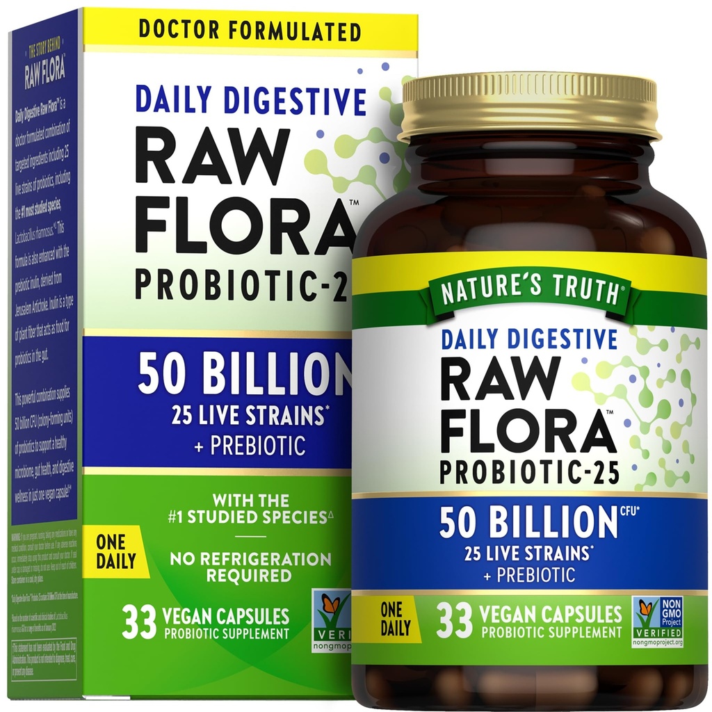 Raw Flora Probiotics with Prebiotics | 50 Billion CFU | 33 Daily Digestive Capsules | Vegan, Non-GMO & Gluten Free Supplement for Women and Men