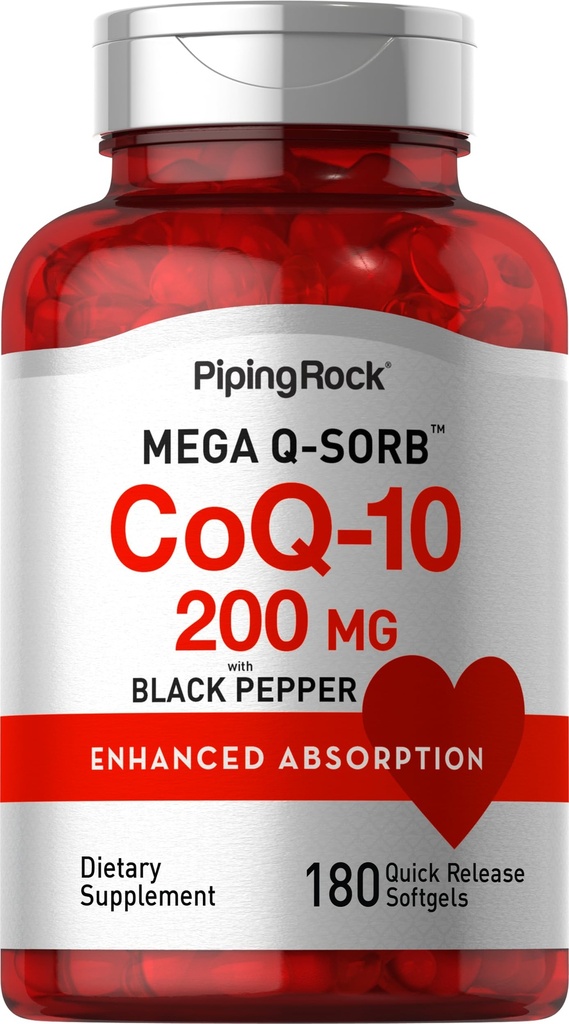 Piping Rock CoQ10 200mg | 180 Softgel Capsules | Supplement for Women and Men | Enhanced Absorption with Black Pepper Extract | Non-GMO, Gluten Free