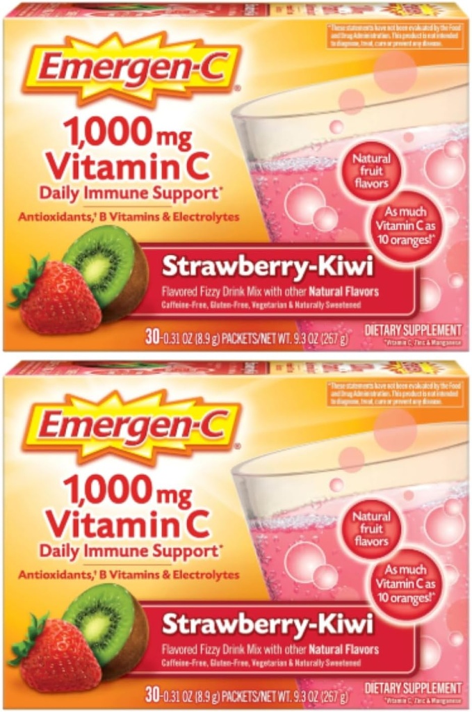 Emergen-C 1000mg Vitamin C Powder, Strawberry Kiwi Flavor, Antioxidants, B Vitamins and Electrolytes, Vitamin C Supplements for Immune Support, 30 Count (Pack of 2)