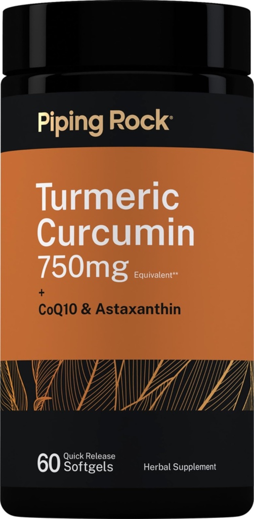 Piping Rock Turmeric Curcumin Supplement | 60 Quick Release Softgels | with CoQ-10, Astaxanthin & Black Pepper Extract | Gluten Free, Non-GMO