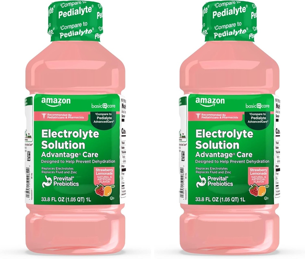 Bazinė priežiūra Privalumas Priežiūra Elektrolyte Sprendimas su Prevital Prebiotics, Braškių Lemonade, Hidration Drink, Atpildas Elektrolitai, Skysčių & Cinkas, 33.8 Fl Oz (Pack of 2)
