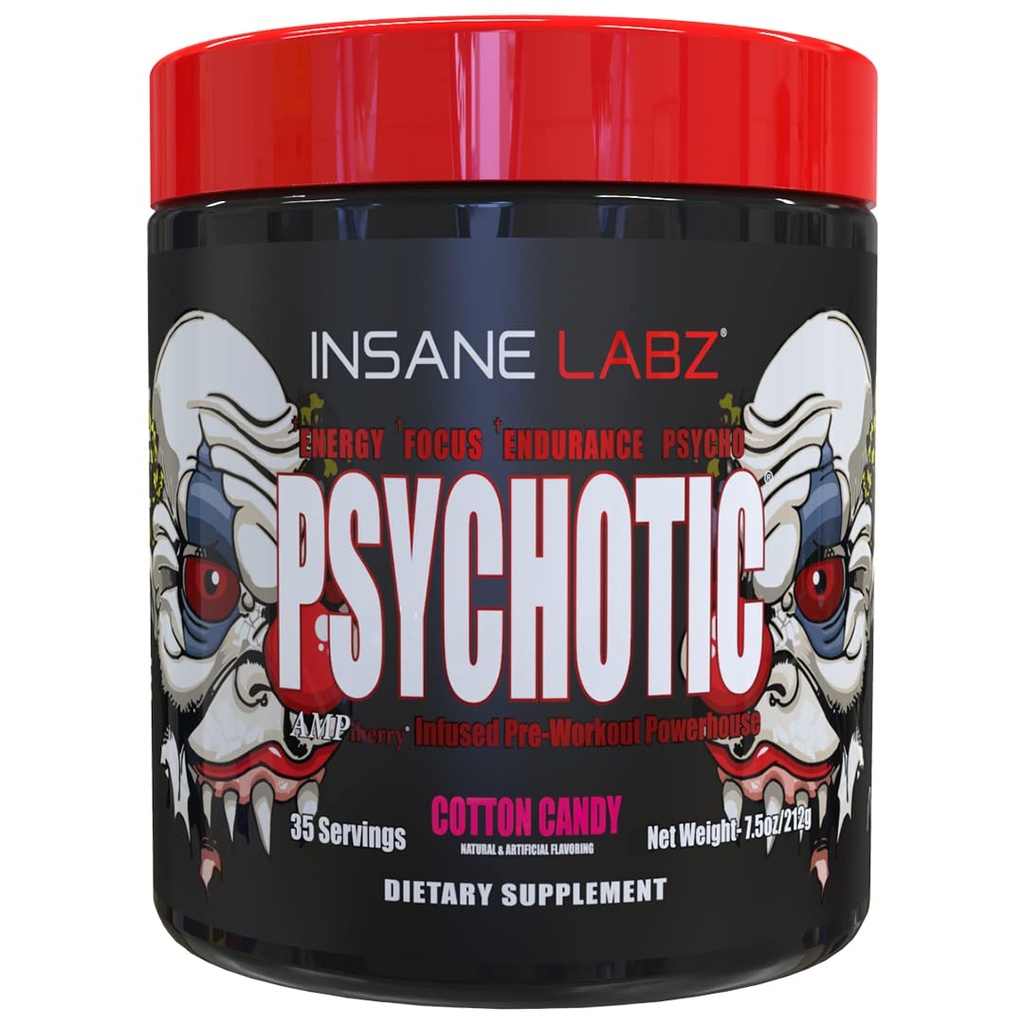 Insane Labz Psychotic, High Stimulant Pre Workout Powder, Extreme Lasting Energy, Focus and Endurance with Beta Alanine, Creatine Monohydrate DMAE, 35 Srvgs (Cotton Candy)