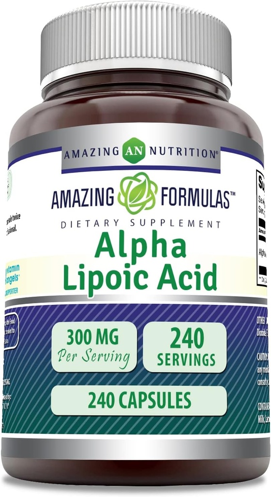 Amazonės formulės Alpha Lipoic Acid 300 mg Kapsules Addition, 124; Non- GMO, 124; Gluten Free, 124; Pagaminta JAV (240 Count)