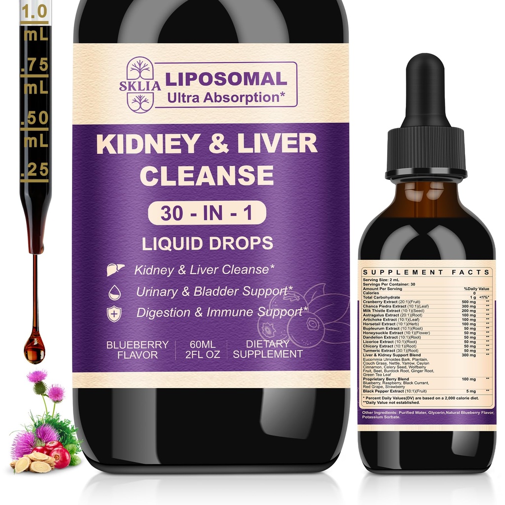 30-in-1 Kidney and Liver Cleanse Detox & Repair Drops with Cranberry Extract, Milk Thistle & Chanca Piedra, Vegan Kidney Support Supplement for Urinary Tract & Liver Support | Blueberry Flavor, 1P