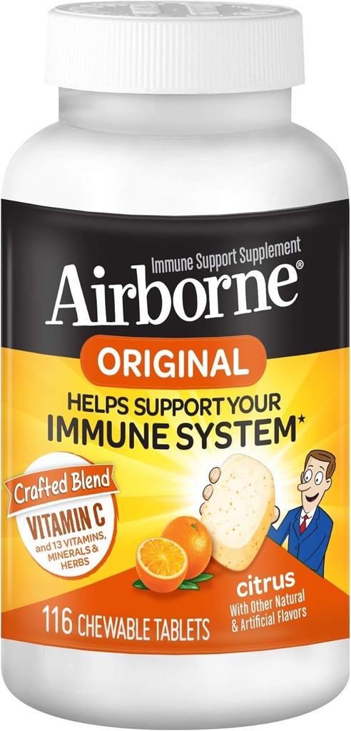 Airborne 1000mg Vitamina C + Zinco Imune Supplement Chewable Tablets, Citrus Sabor com potentes antioxidantes Vitaminas A C & E, 116 comprimidos mastigáveis (3 embalagem)