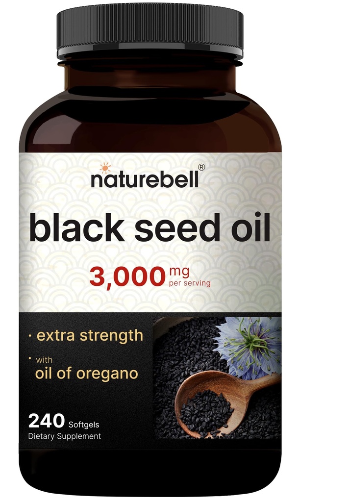 NatureBell Black Seed Oil Softgels, 3,000mg per Serving, 240 Count – 2-in-1 Formula with Oil of Oregano, Carvacrol & Thymoquinone – Nigella Sativa Producing Black Cumin Seed Oil – Non-GMO