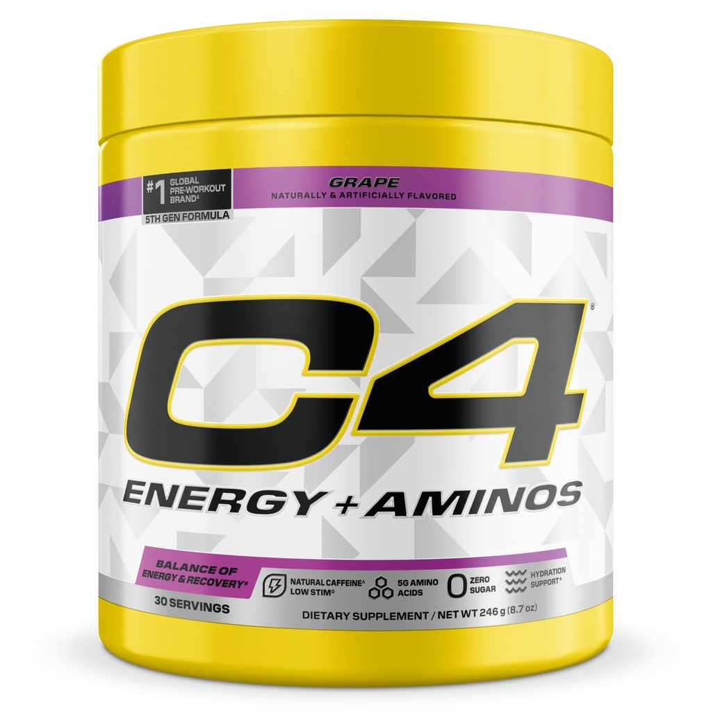 C4 Energy + Aminos Powder, 5g BCAAs & EAAs for Muscle Recovery, 3 Electrolytes for Hydration, 100mg Natural Caffeine, Pre Workout, Zero Sugar, 30 Servings, Grape