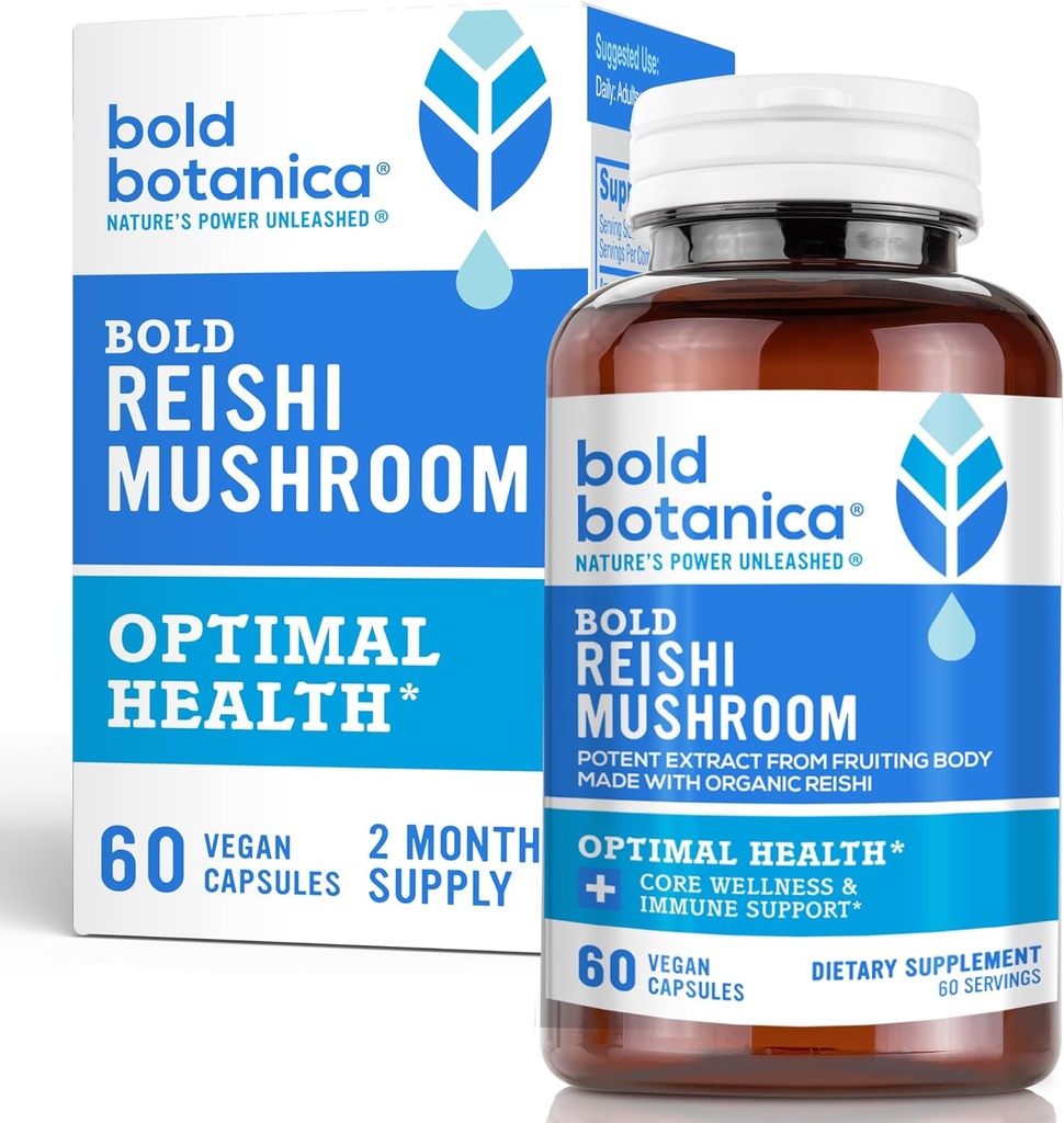 Bold Botanica Reishi 蘑菇卡普尔-100% 果实加工机体 - 集中的Imune支持和核心健康有机Reishi提取器 - 无 Mycelia和无谷物 - 60 Vegan Capsules
