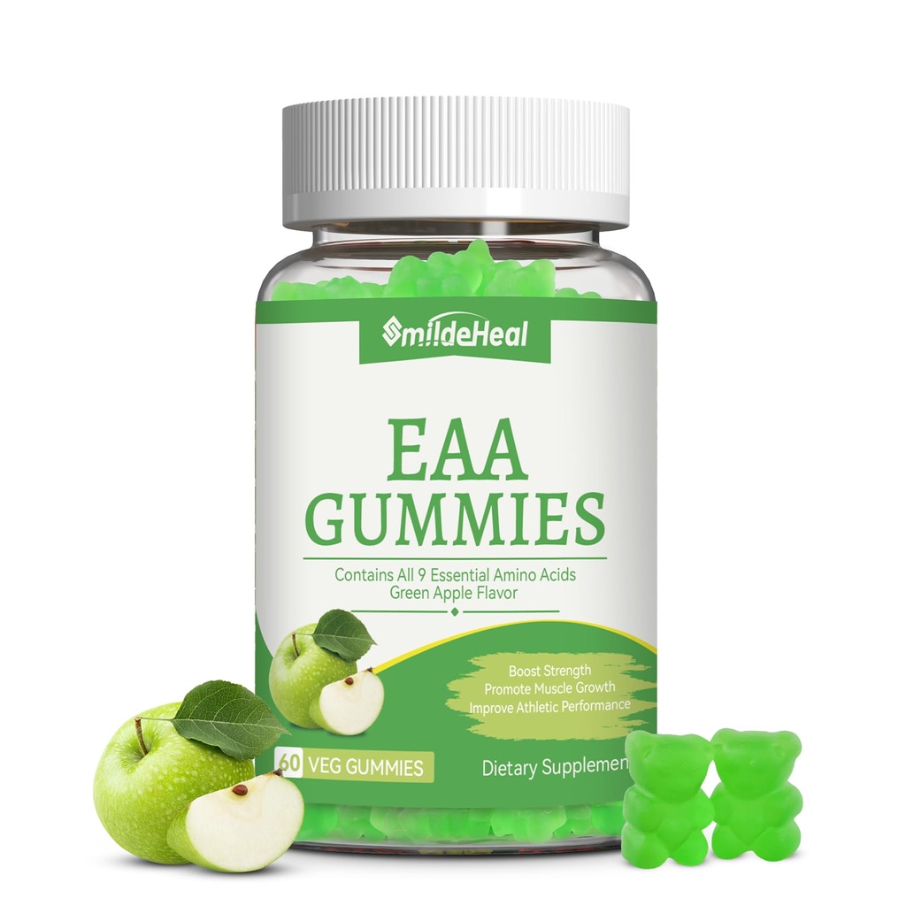 SmideHeal EAA Gummies, 5750 mg Essential Amino Acids - All 9 Essential Aminos (EAA) and All Branched-Chain Aminos (BCAAs), Non-GMO, Gluten Free, Vegetarian Friendly, Apple Flavor, 60 Gummies