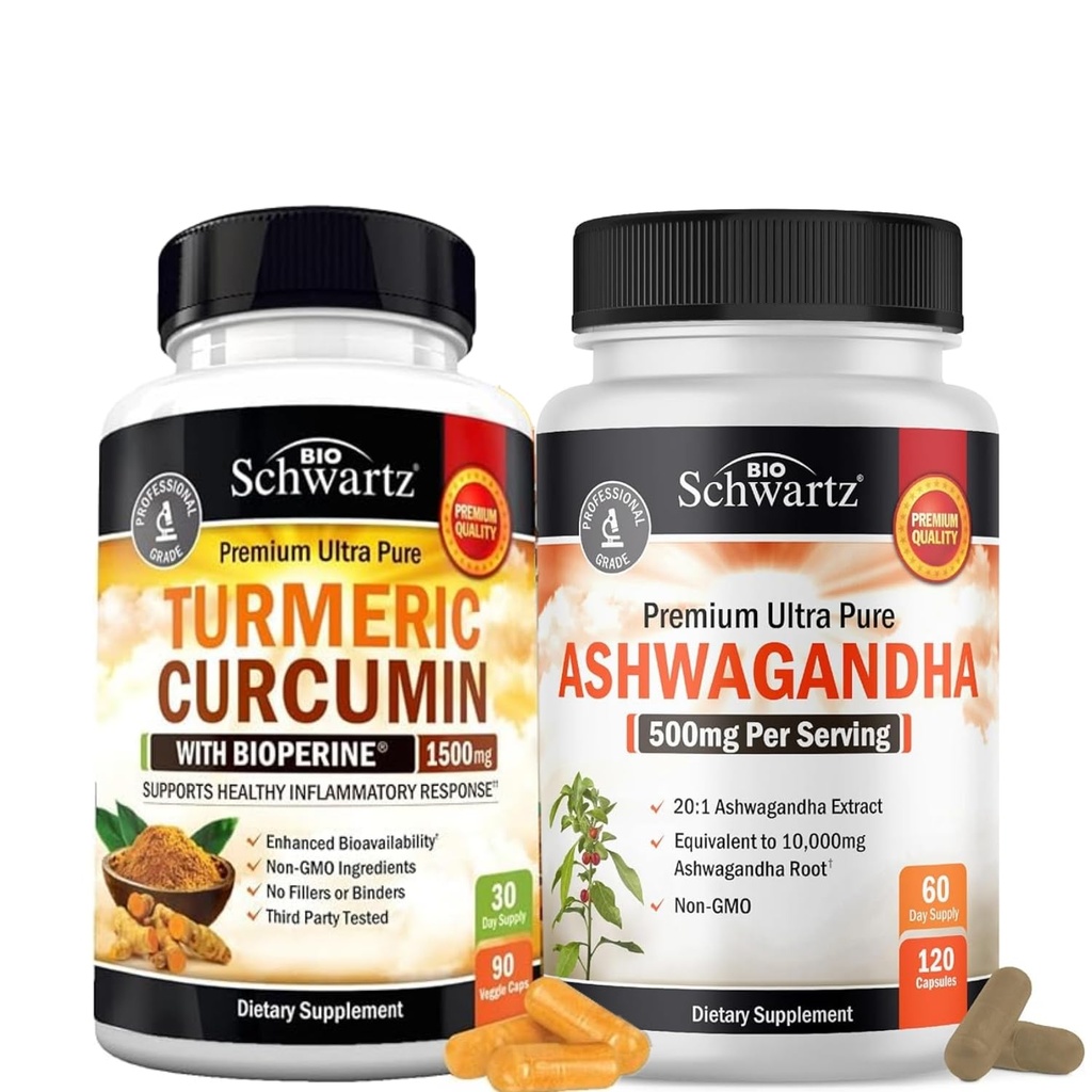 Extra Strength Ashwagandha Capsules (2 Month Supply) Plus Turmeric Curcumin with Black Pepper Extract 1500mg Complex (Trial Size)
