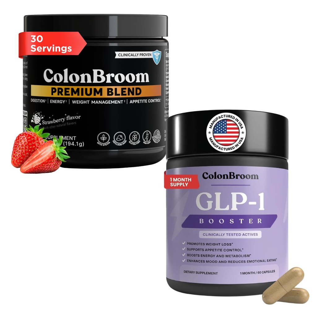 ColonBroom GLP-1 Weight Management (30 Servings) + Premium Powder Supplements (Strawberry, 30 Servings) | Supports Appetite Control, Energy, Mood Balance, Bloating Relief & Gut Health