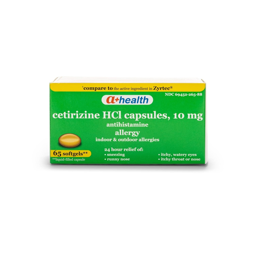 A+Health Cetirizine Hcl 10 Mg Liquid Gels, Antihistamine for 24 Hour Allergy Relief, 65 Count, Relief of Sneezing, Runny Nose, Itchy Watery Eyes, Indoor and Outdoor Allergies