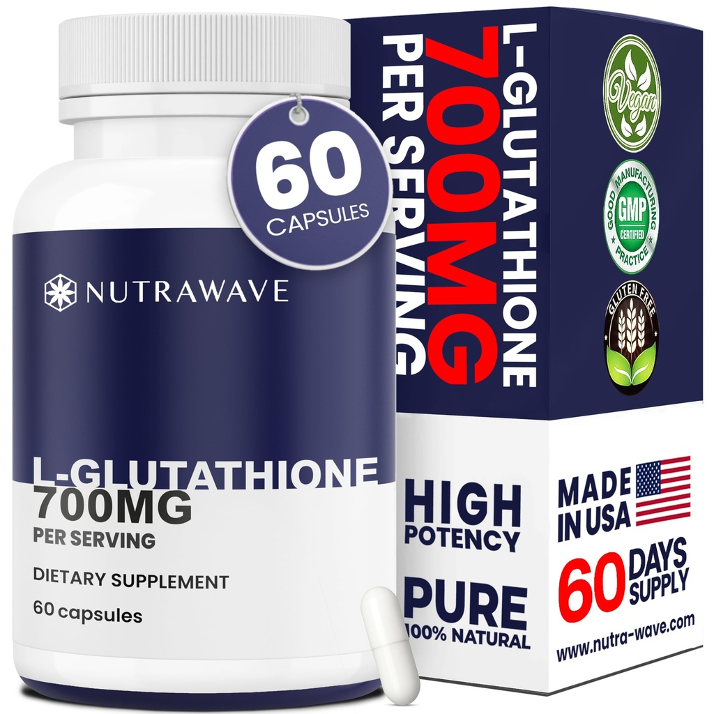 Nutra Wave L-Glutathione Reduced 700mg – Pure Glutathione Supplement for Skin Brightening, Whitening & Immune Support – Master Antioxidant Capsules for Women & Men – Non-GMO, Vegan – 60 Capsules
