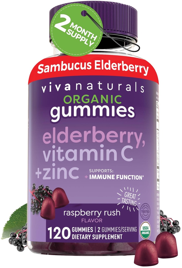 Elderberry Vitamin C and Zinc Immune Support Gummies , Made of 150mg Black Elderberry Per Serving for Adults, Sambucus Elderberry Gummies with Raspberry Rush Flavor, USDA Organic, Non-GMO, (120 Count)
