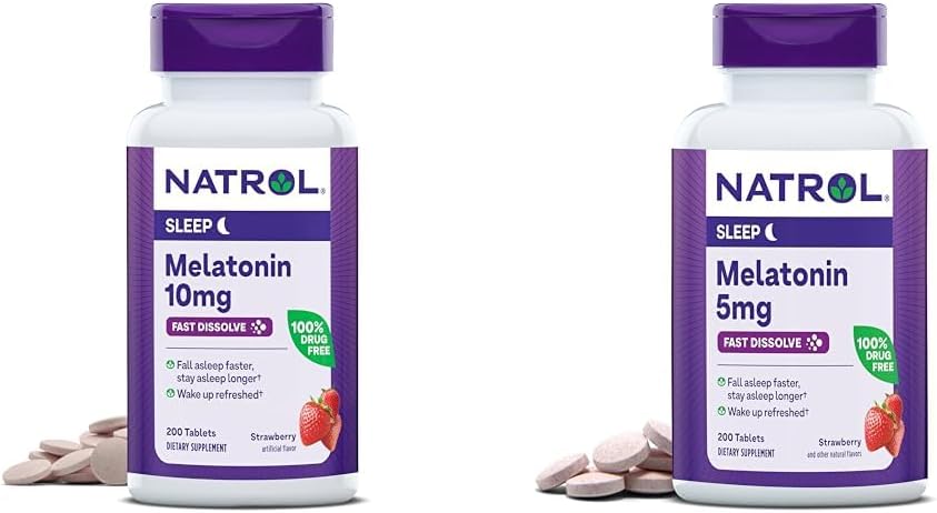Natrol Melatonin 10mg 200 Comprimés et 5mg 200 Comprimés Fraise-arôme rapide Dissolve Soutien au sommeil Dietary Supplément Bundle