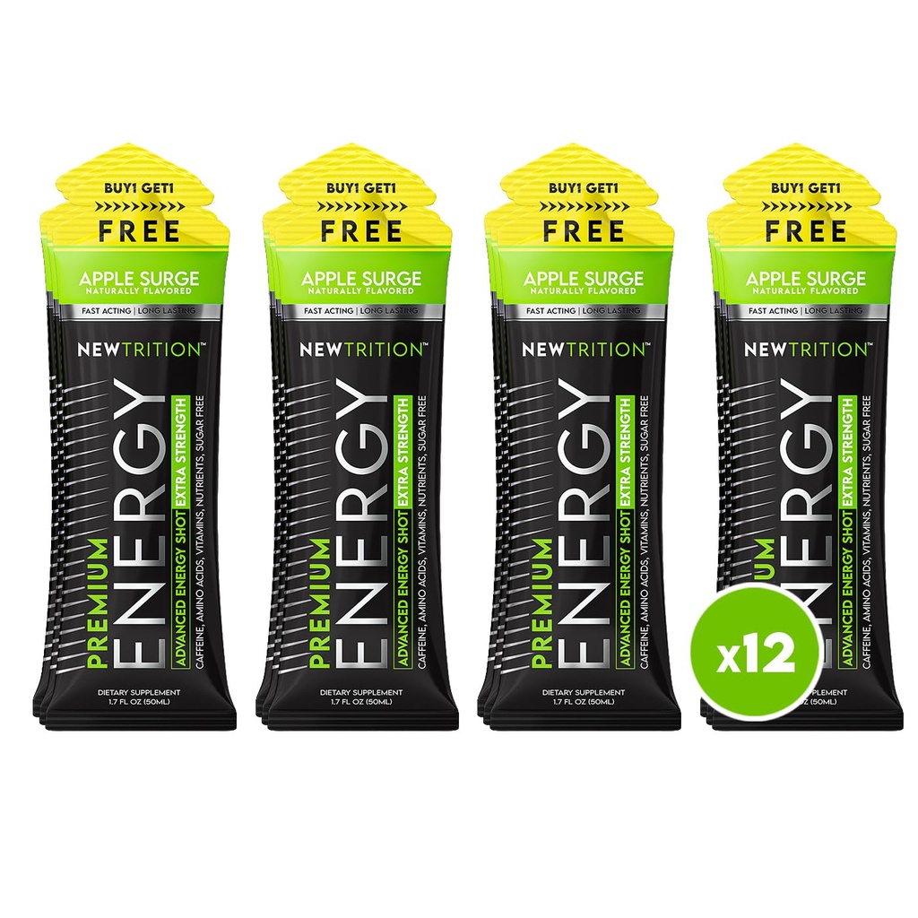 NewTrition® Extra Strength Energy Shots, 1.7 fl oz - 250mg Caffeine with Vitamin B & Amino Acids, Sugar-Free, Zero Calorie Vitamin Energy Drink for Focus & Endurance (Pack of 12, Apple Surge)