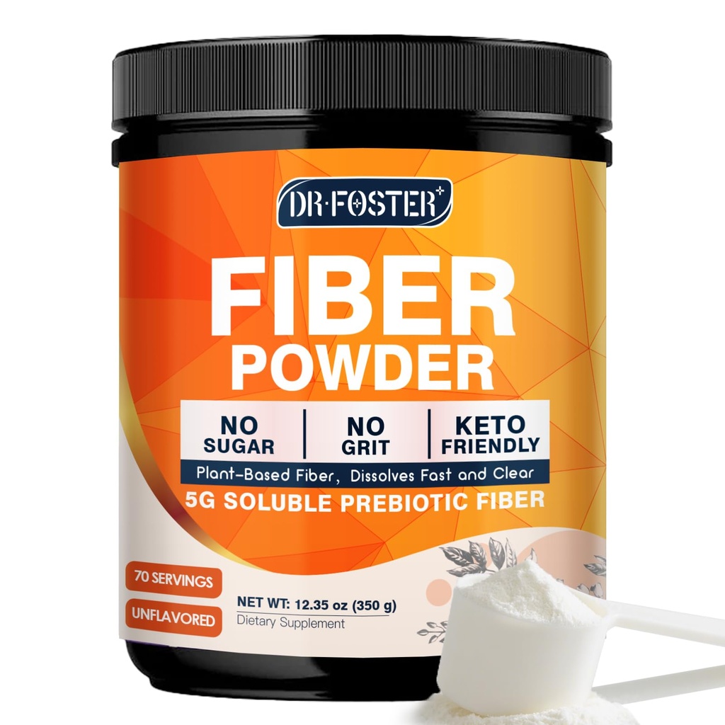 DRFOSTER Prebiotic Fiber Powder Unflavored - Soluble Fiber Supplement with Acacia Fiber & Inulin Powder for Digestive Health and Regularity | 5g Per Scoop, 70 Servings | Gluten & Sugar Free, Vegan