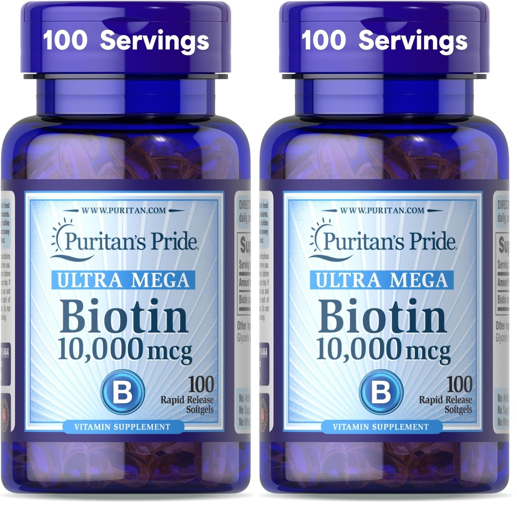 Puritan's Pride Biotin 10000 Mcg, Helps Promote Skin, Hair and Nail Health, Softgels 100 Count (Pack of 2)