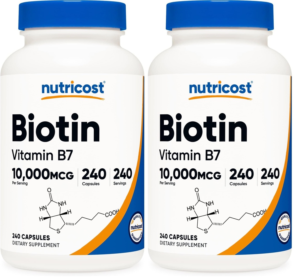 Nutricost Biotin (Vitamin B7) 10,000mcg (10mg) Vitamin Supplement, 240 Capsules - Vegetarian, Gluten Free, Quick Release, Non-GMO (Pack of 2)