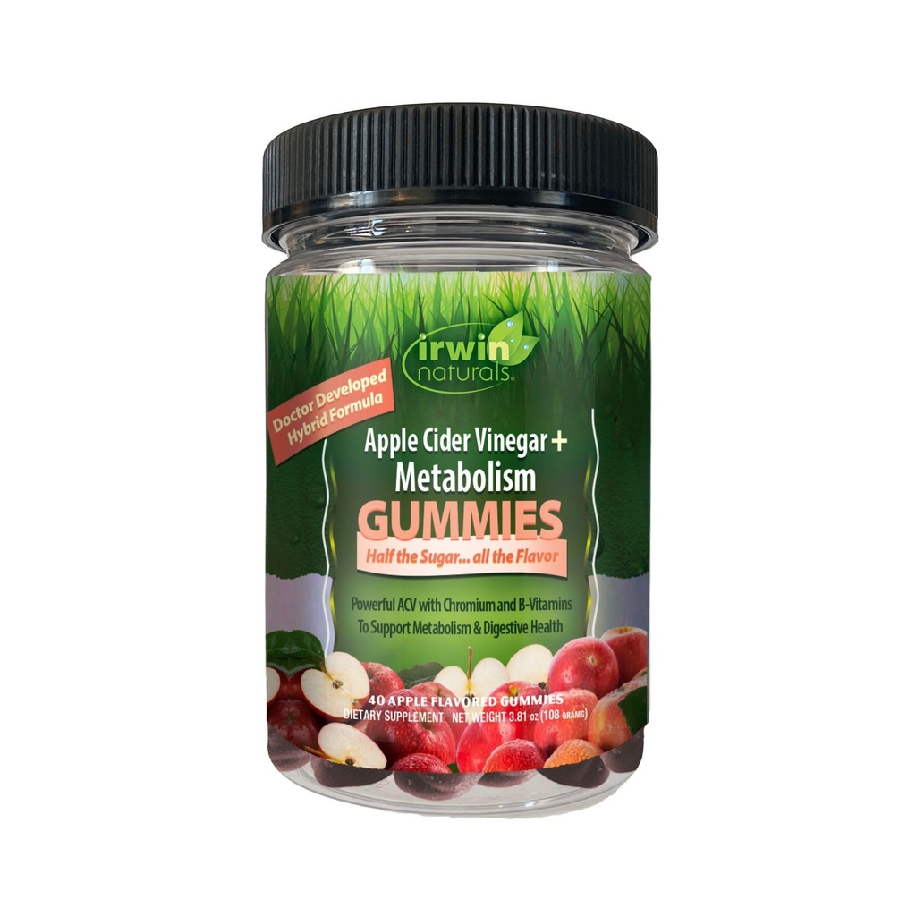 Irwin Naturals Gummies Apple Cider Vinegar + Metabolism, 1000mg, Chromium for Energy & Digestive Support, Vegan, 40 Gummies