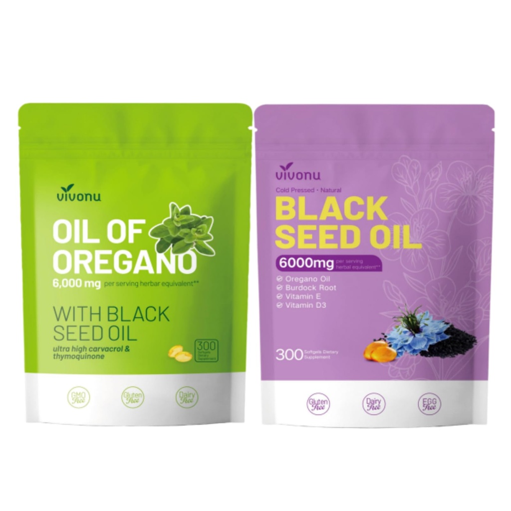 VivoNu Oil of Oregano with Black Seed Oil Capsules, Carvacrol, Burdock Root, TQ & THQ,Vitamin E&D3, Non-GMO
