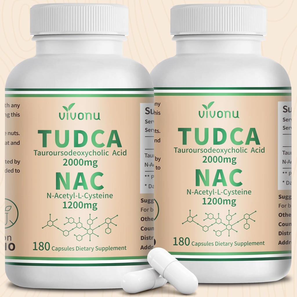 VivoNu TUDCA 2000mg + NAC 1200mg Supplement Complex Capsules, TUDCA Bile Salt + N Acetyl Cysteine, Antioxidant Supplements for Liver&Lung&Digestion&Gallbladder Cleanse(180 Capsules)