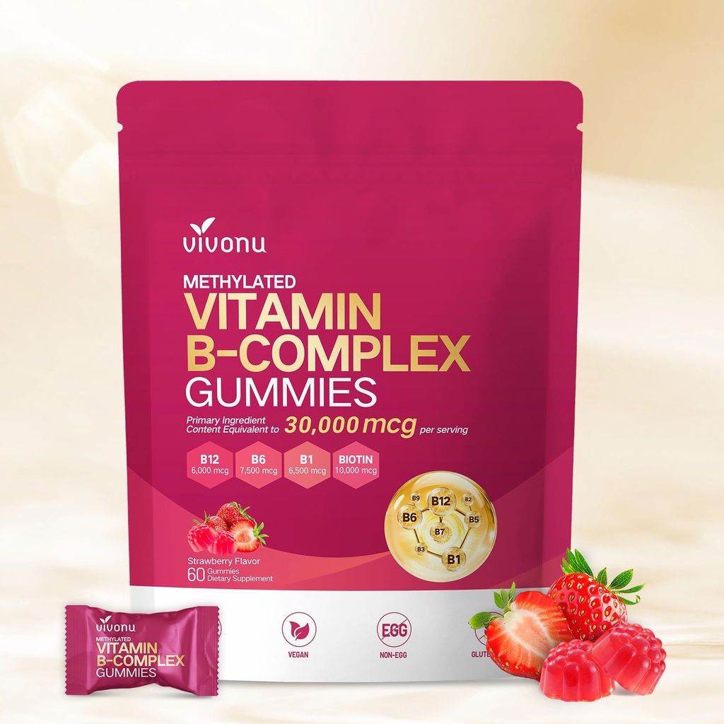 VivoNu Vitamin B Complex Gummies for Women & Men, Methylated Vitamin B12 (6000 mcg), B6 B1, B2, B3, B5,A, C, D, E, Methylfolate, Support Energy, Vegan, Sugar Free, Non GMO