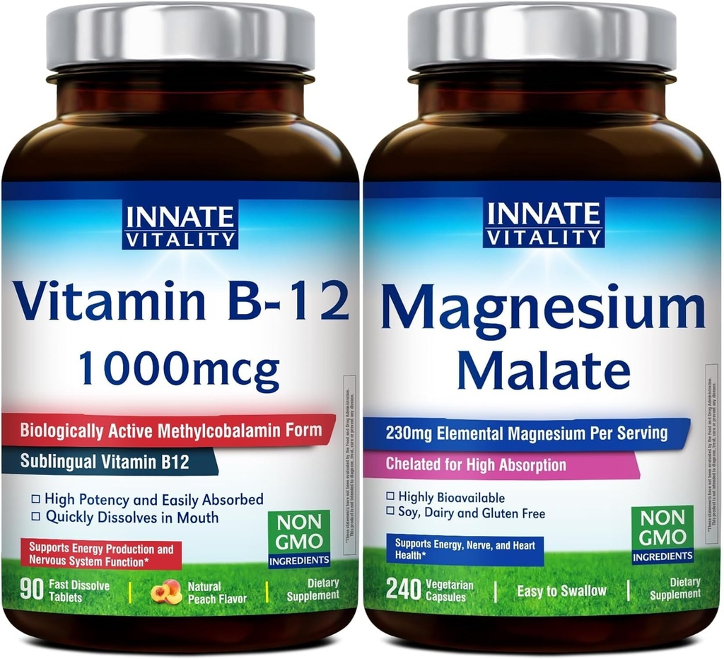 Innate Vitality Vitamin B12 1000mcg & Magnesium Malate Bundle, Energy Metabolism, Brain & Recovery Support