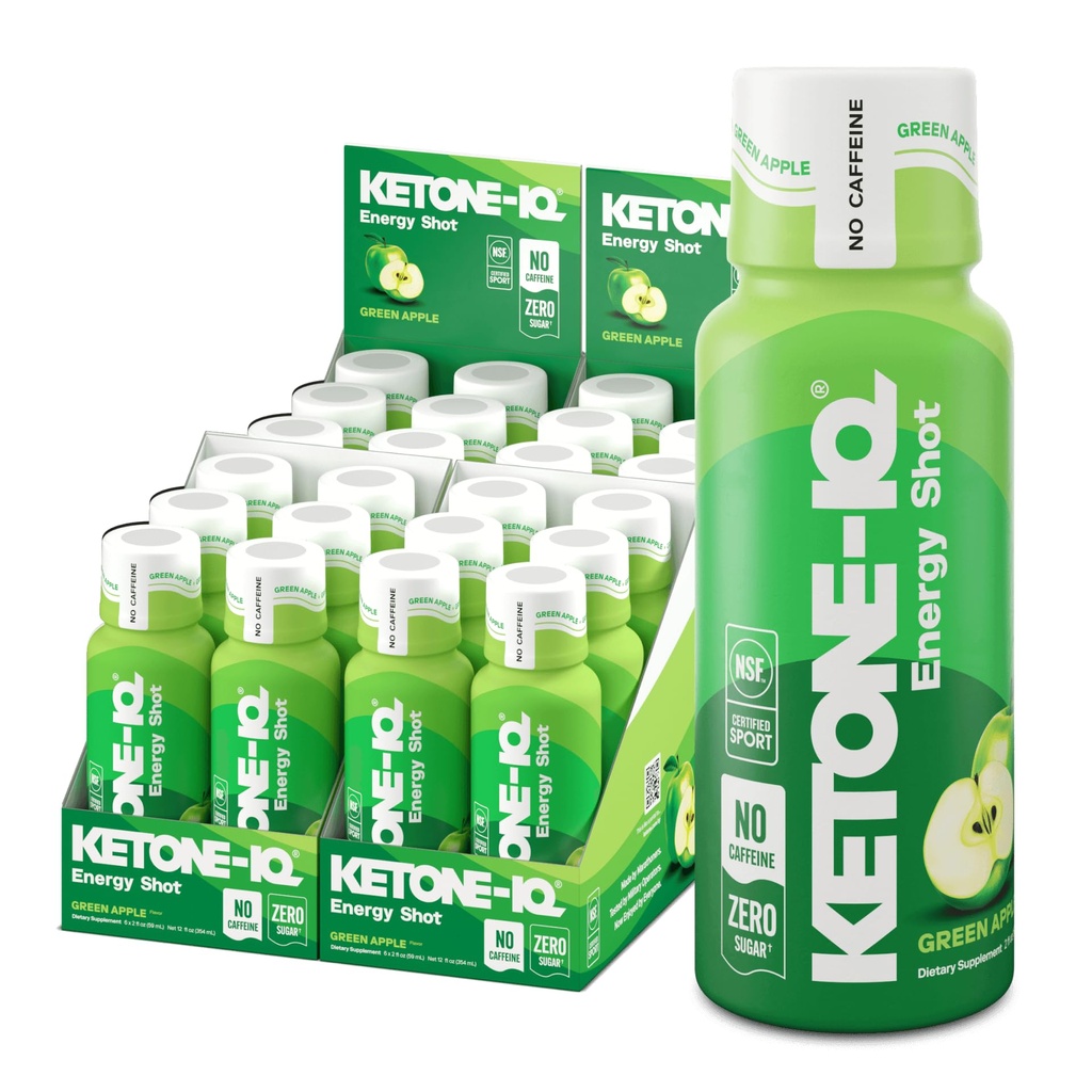 Ketone-IQ No Caffeine Exogenous Ketones Energy Shots - 24 Pack of Caffeine Free Energy Drinks with 10g Ketones - Sugar Free, Salt Free, and All Natural (Green Apple)