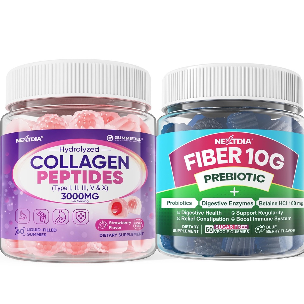 Sugar Free Collagen Peptide Filled Gummies 1 Pack + Fiber Gummies for Adults 2 Pack