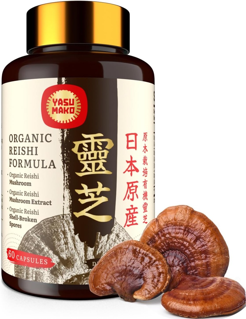 Japanese Reishi Mushroom Supplement 800mg con Reishi Mushroom Extract 500mg & Shell-Broken Spores 200mg,Organic Mushroom Capsule per Immune System - Real Fruiting Body (Pack of 1)
