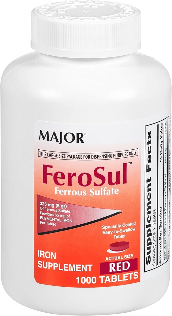 Major FeroSul - Eisensulfat 325 mg Tabletten - Eisen Beilage für Damen und Herren - Speziell beschichtete Easy-to-Swallow Tabletten - Rot - 1000 Tabletten