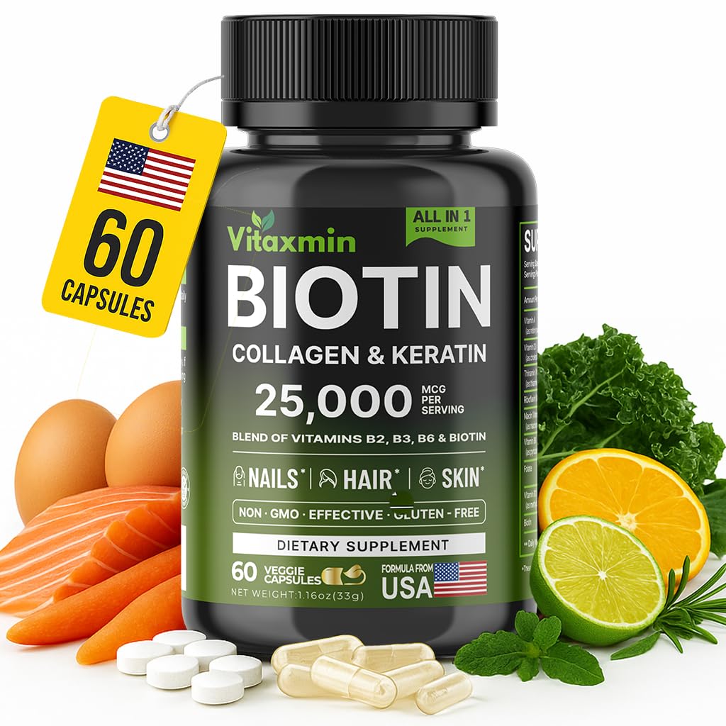 Biotin 10000mcg with Collagen Keratin Hyaluronic Acid - Hair Growth Vitamins for Women & Men - Hair Skin and Nails Vitamins with B Complex - 60 Capsules