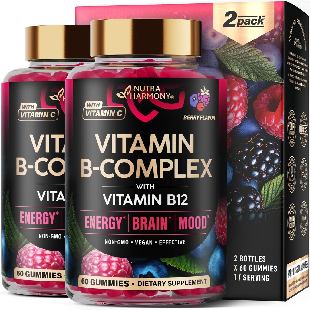 Vitamin B-Complex Gummies for Women & Men - Vitamin B12, B1, B2, B3, B5, B6, B7 & B9 - B Complex with Vitamin C & Choline - Energy, Brain & Mood - Natural Berry Flavor, Vegan - 60 Gummies 2 Pack