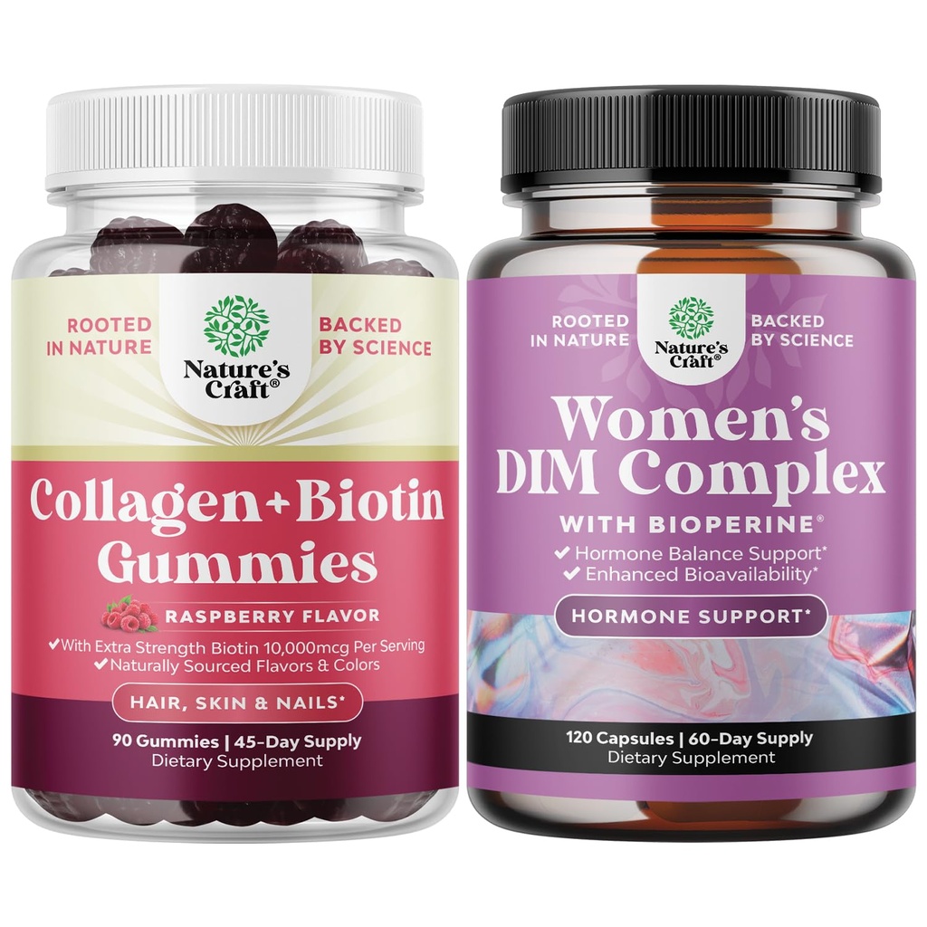 Bundle of Hair Skin and Nails Gummies - Extra Strength Biotin and Collagen 10000mcg per serving and Potent DIM Supplement - Hormone Balance with DIM & Black Pepper Menopause and PMS Relief for Women