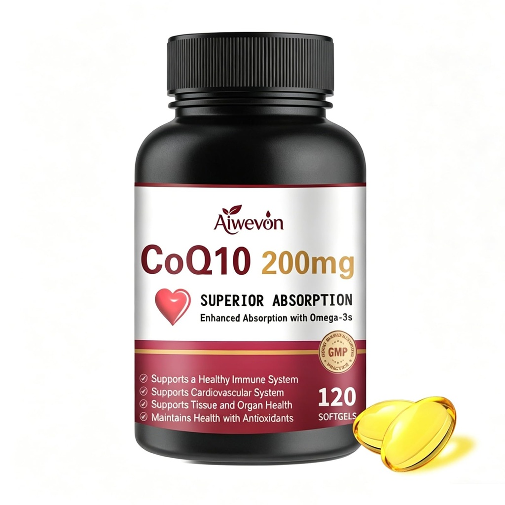 CoQ10 200mg Softgels with PQQ & Omega 3, Coenzyme Q10 Ubiquinone Supplement, 120 Count, Co Q10 200 mg with Black Pepper Extract & Lecithin, Antioxidant Support, Cellular Energy & Heart Health