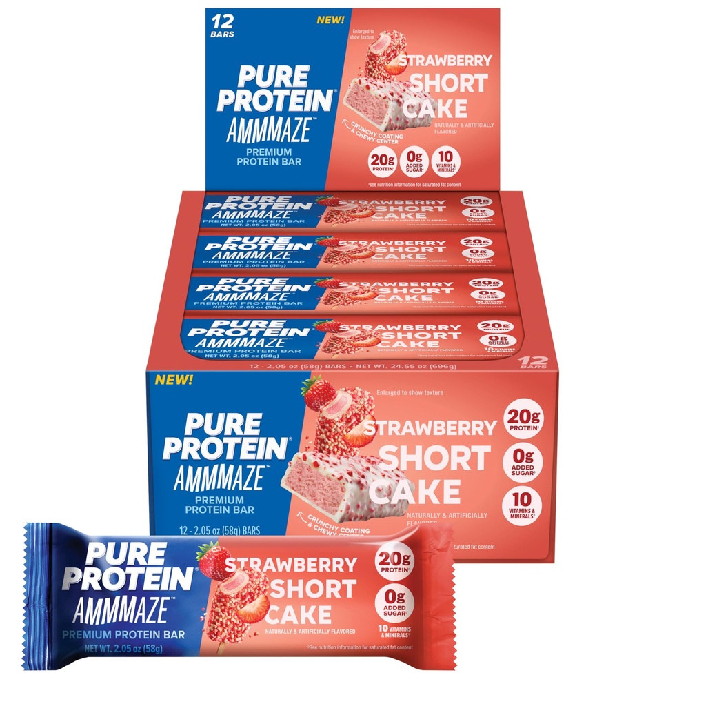 Pure Protein AMMMAZE Strawberry Shortcake Protein Bars (12 ct) 20g High Protein, No Added Sugar - Strawberry Meal Replacement Bar - On the Go Snacks