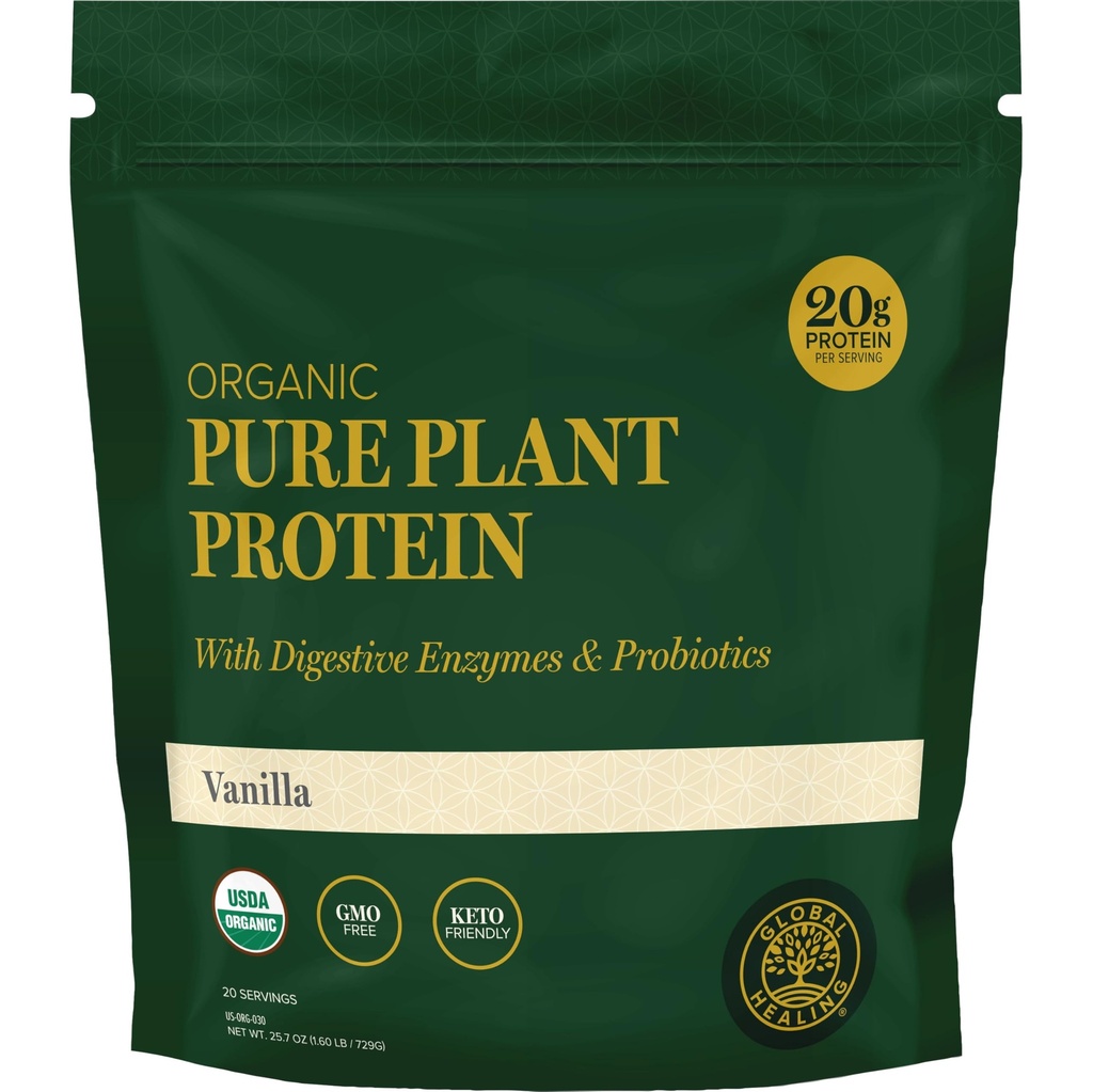 Global Healing Organic Plant Vanilla Protein Powder for Men and Women 20g - Dairy Free Protein Powder with Digestive Enzymes & Probiotics to Support Gut Health (1.6 Lbs)