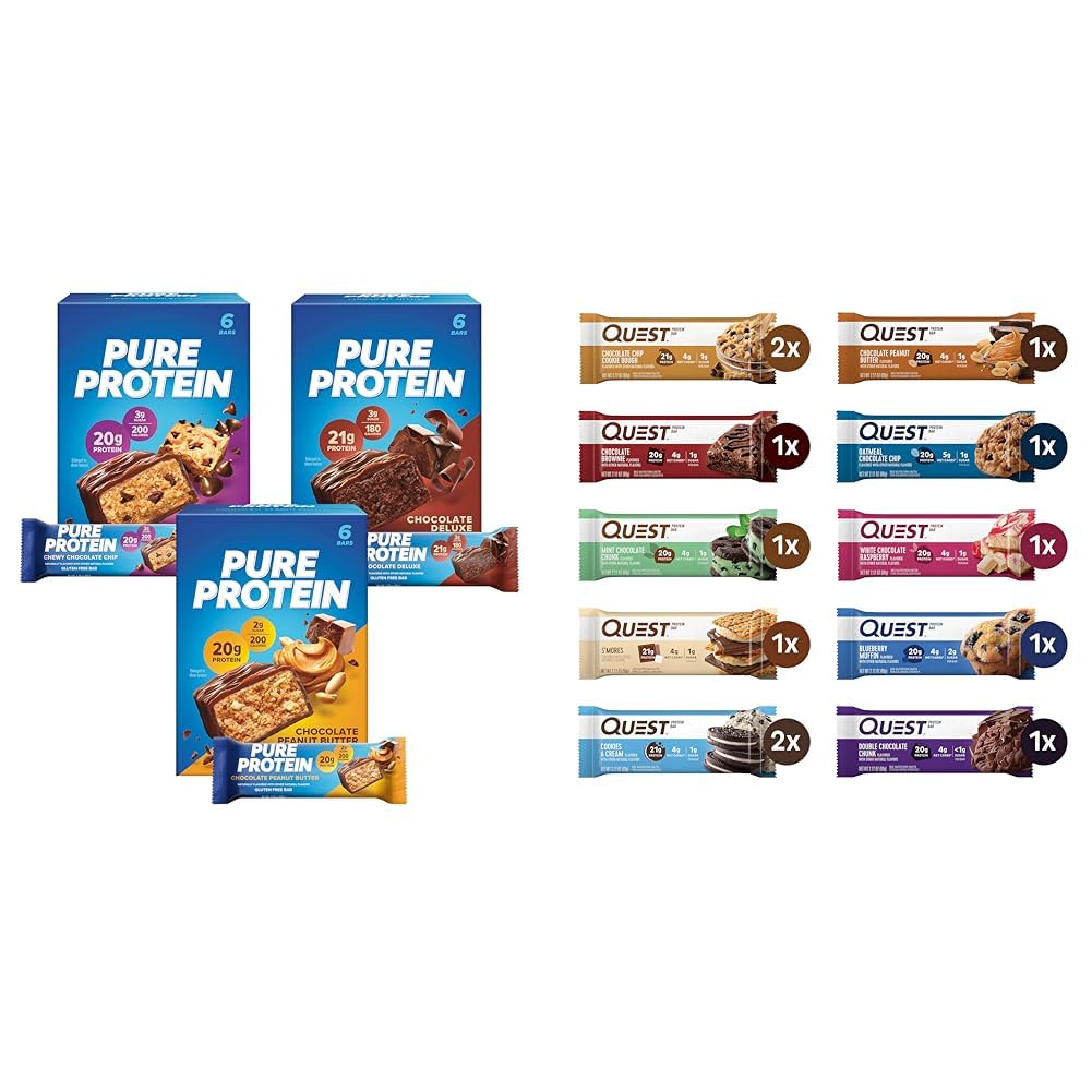 Pure Protein Bars Variety Pack with 18 Bars & Quest Nutrition Protein Bars Variety Pack with 12 Bars, High Protein, Gluten Free