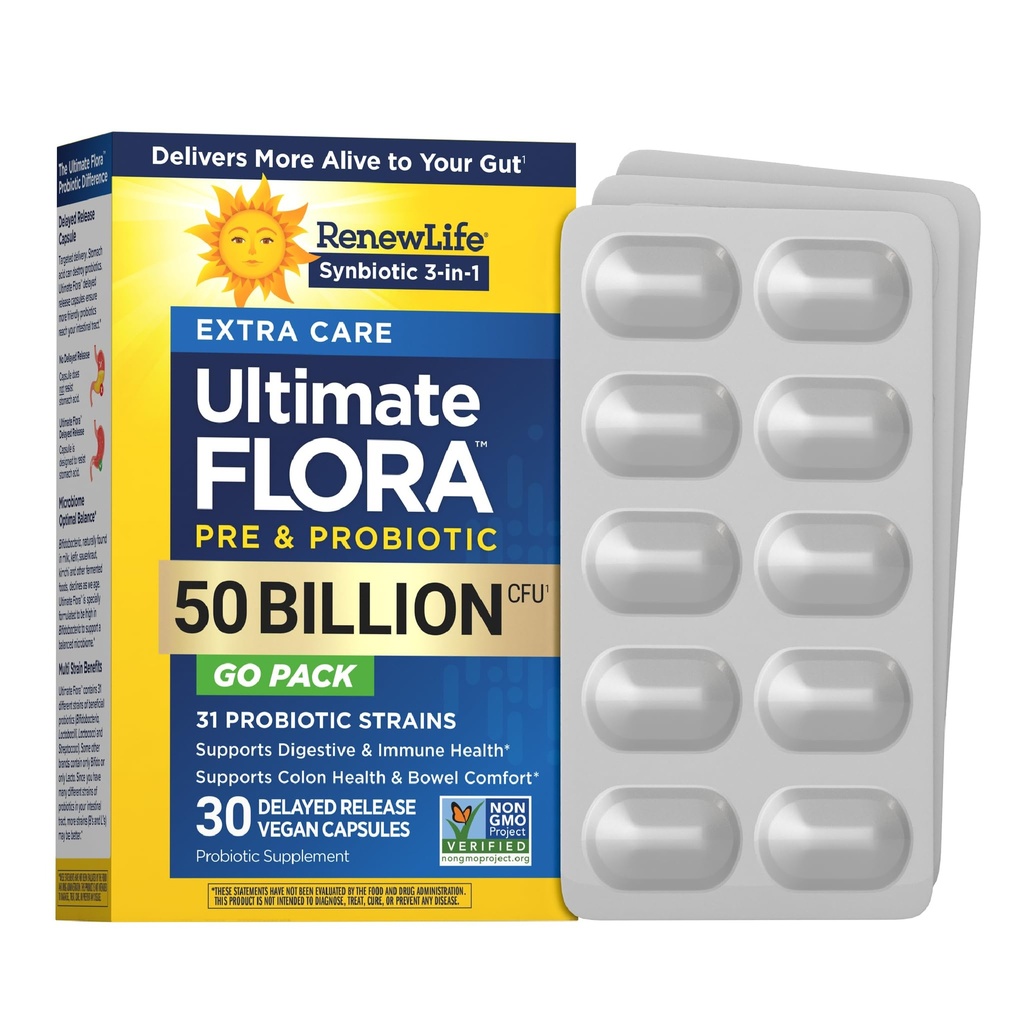 Renew Life Ultimate Flora Extra Care Probiotic with Prebiotic | 50 Billion CFU | 31 Probiotic Strains | 30 Delayed Release Vegan Capsules Go Pack | Synbiotic 3-in-1 | Dairy, Soy and Gluten-Free