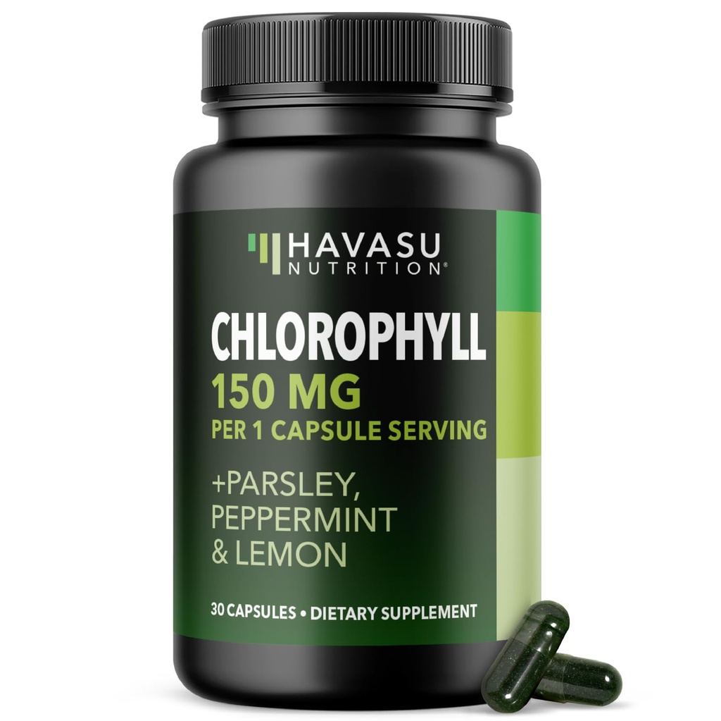 Chlorophyll Capsules 150mg Per Serving with Parsley, Peppermint & Lemon - Internal Deodorizer for Body Freshness, Skin Health and Natural Energy - 30 Capsules - Vegan, Non-GMO & Gluten Free