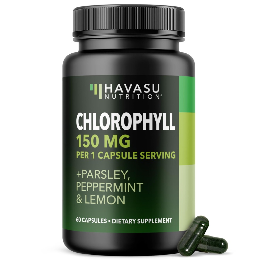 Chlorophyll Capsules 150mg Per Serving with Parsley, Peppermint & Lemon - Internal Deodorizer for Body Freshness, Skin Health and Natural Energy - 60 Capsules - Vegan, Non-GMO & Gluten Free