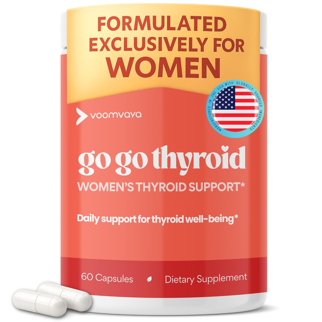 VoomVaya Go Go Thyroid - Thyroid Support for Women 30+ - Female-Focused Hormonal Balance & Thyroid Supplement with Iodine, Selenium & L Tyrosine - 3rd Party Tested - 60 Capsules
