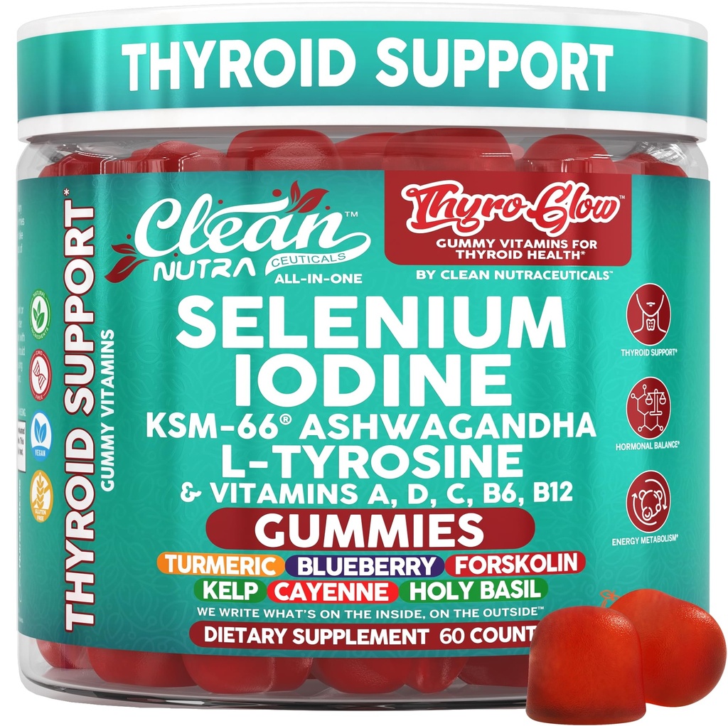 ThyroGlow Thyroid Support Gummies Selenium Iodine KSM 66 Ashwagandha L Tyrosine Vitamin D, C, B12, B6 Turmeric Blueberry Holy Basil Folate Bladderwrack By Clean Nutra