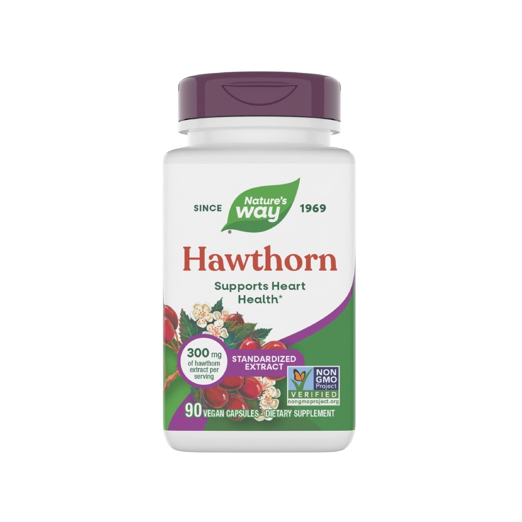 Nature's Way Hawthorn Capsules, Standardized Extract, Supports Heart Health*, Standardized to 1.8% Flavonoids, Non-GMO Project Verified, Vegan, 90 Capsules (Packaging May Vary)