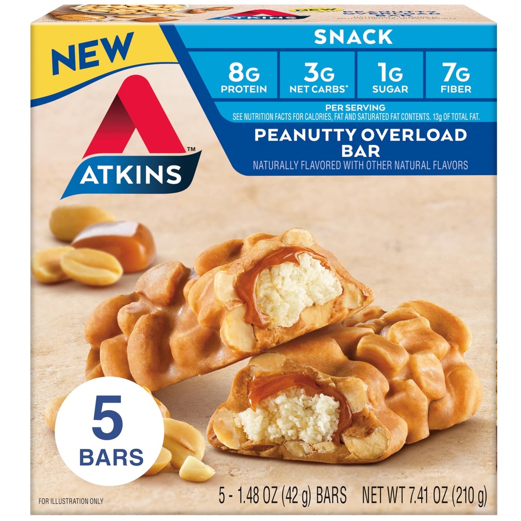 Atkins Peanutty Overload Snack Bar, Protein Snack, High in Fiber, 2g Sugar, 5 Count