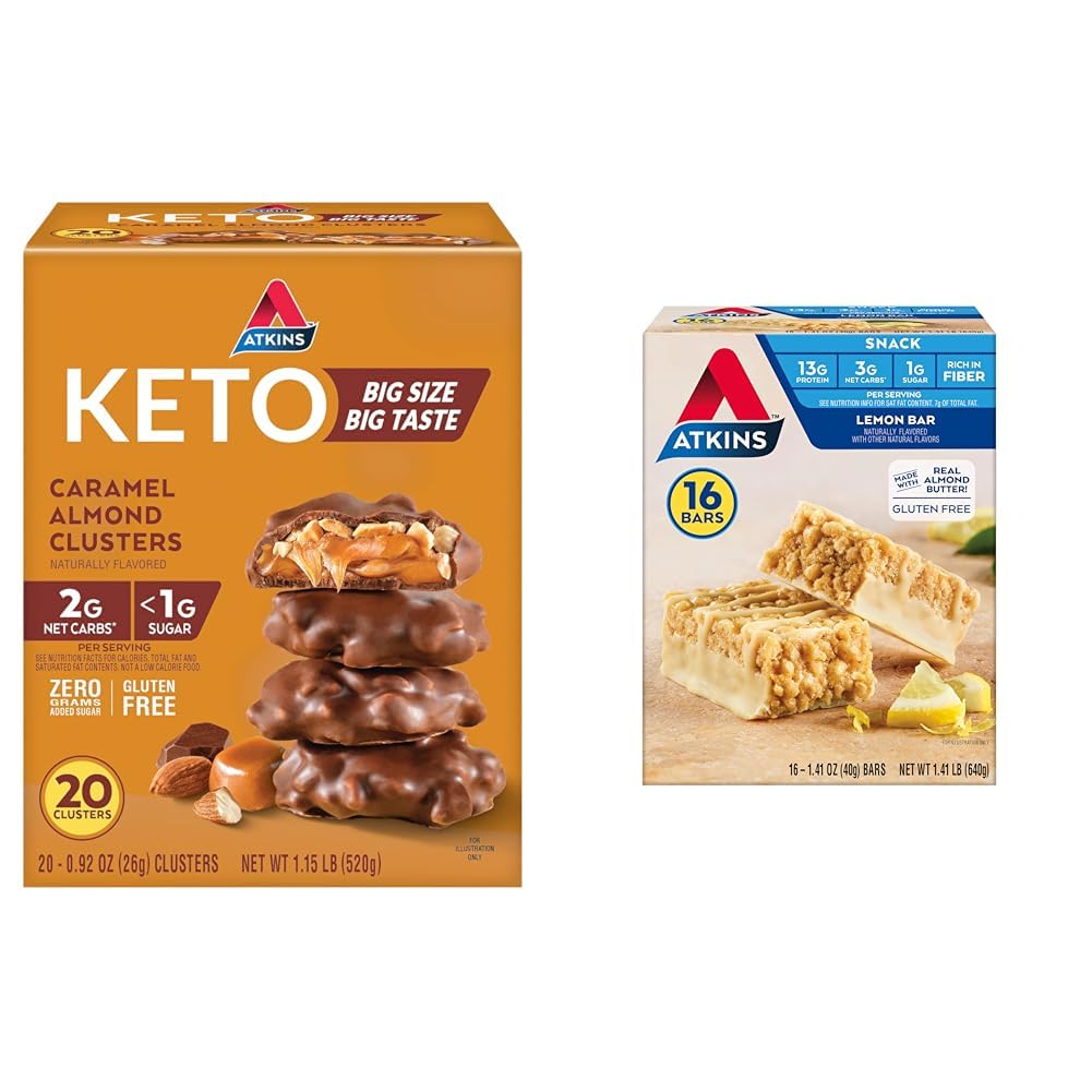 Atkins Caramel Almond Clusters Gluten Free Keto Snack Bars with Lemon Bar 16 Count