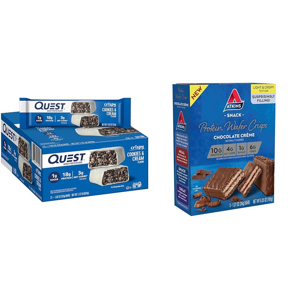 Quest Cookies & Cream Hero Protein Bar 18g Protein 12 Count and Atkins Chocolate Crème Protein Wafer Crisps 5g Net Carb 5 Count