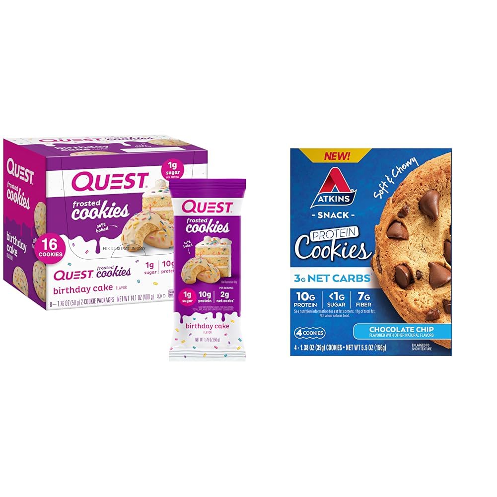 Quest Birthday Cake Frosted Twin Pack & Atkins Chocolate Chip Protein Cookies, 16 & 4 Count