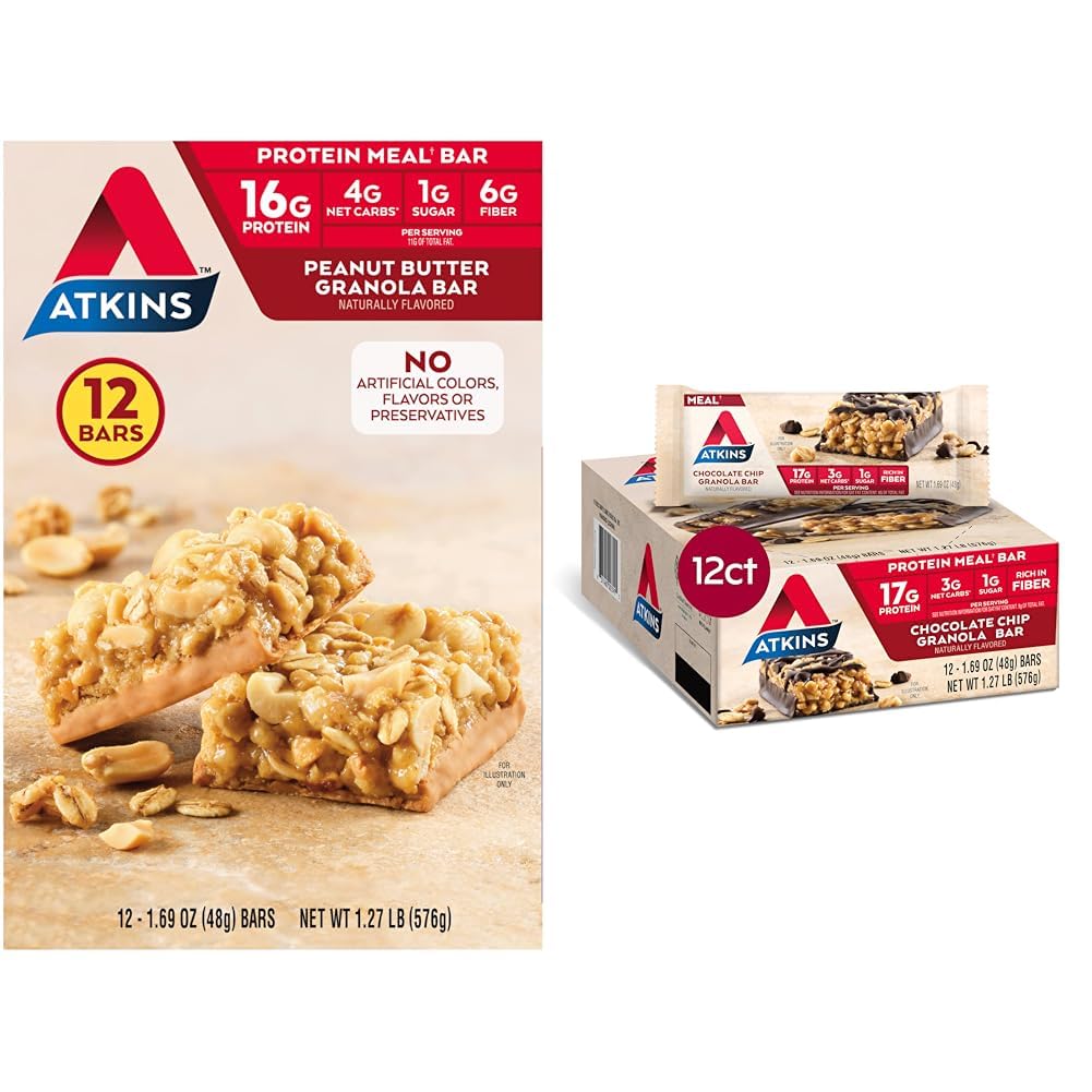 Atkins Peanut Butter & Chocolate Chip Granola Protein Meal Bars, High Fiber, 16-17g Protein, 1g Sugar, 3-4g Net Carbs, Keto Friendly, 12 Count